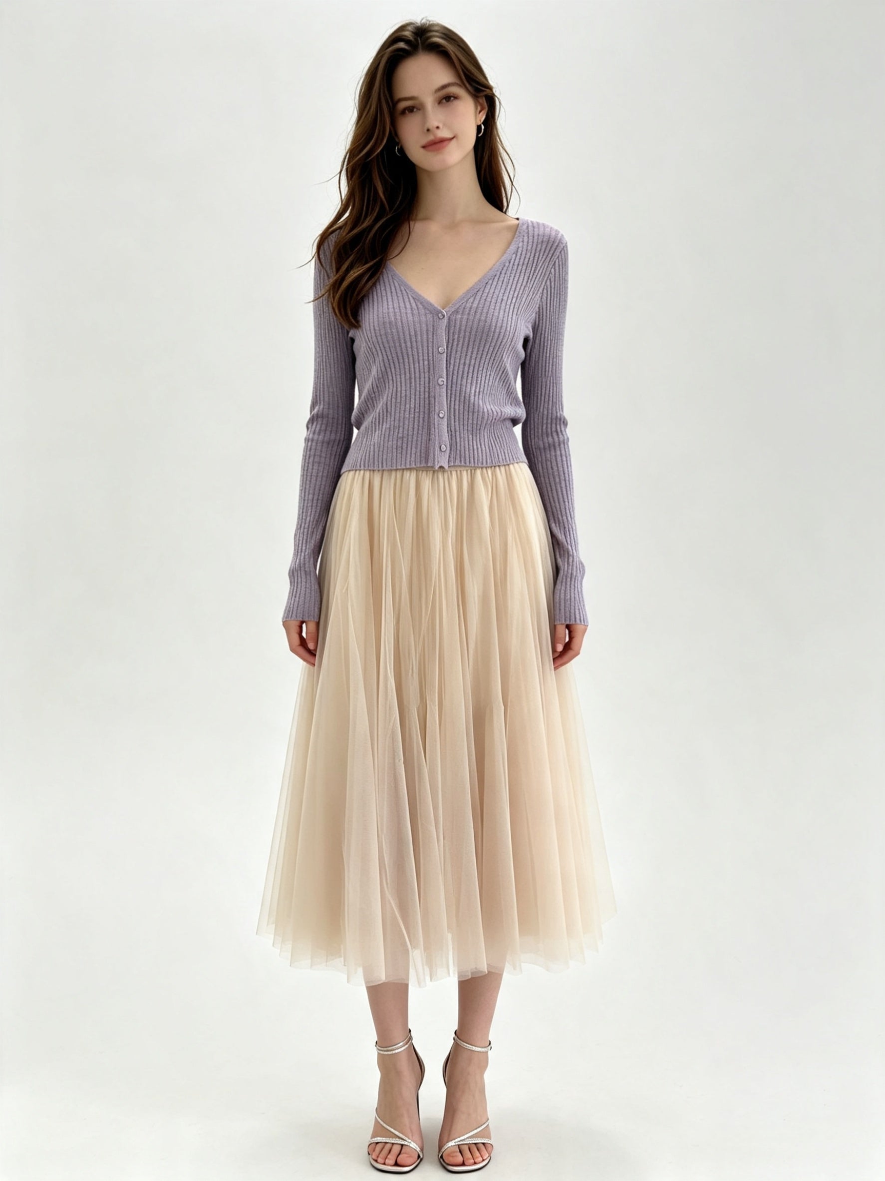 Classic A-Line Mesh Tulle Midi Skirt with Elasticated Waistband