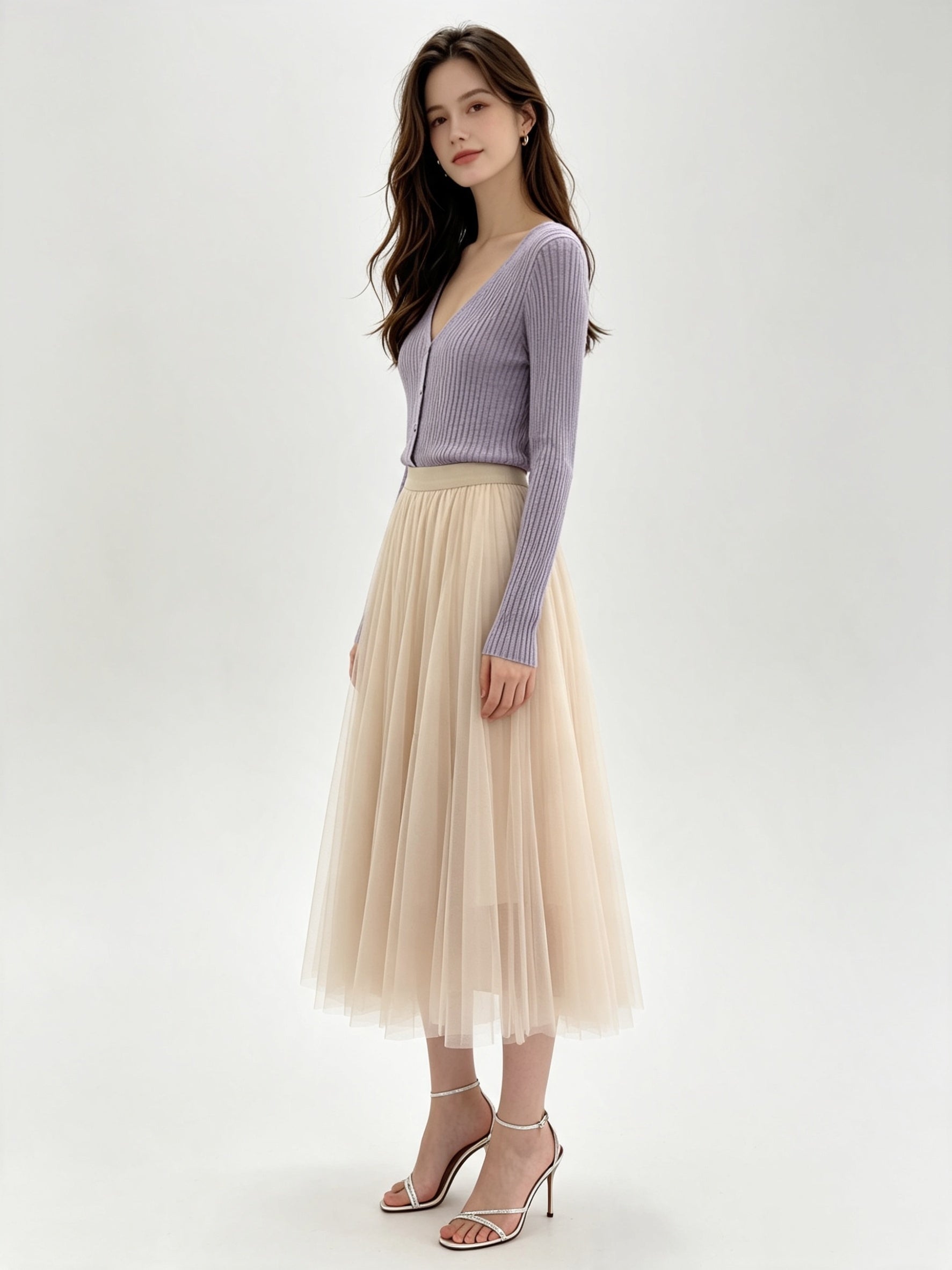 Classic A-Line Mesh Tulle Midi Skirt with Elasticated Waistband
