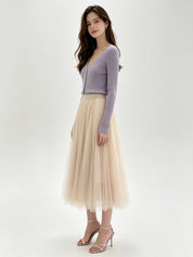Classic A-Line Mesh Tulle Midi Skirt with Elasticated Waistband