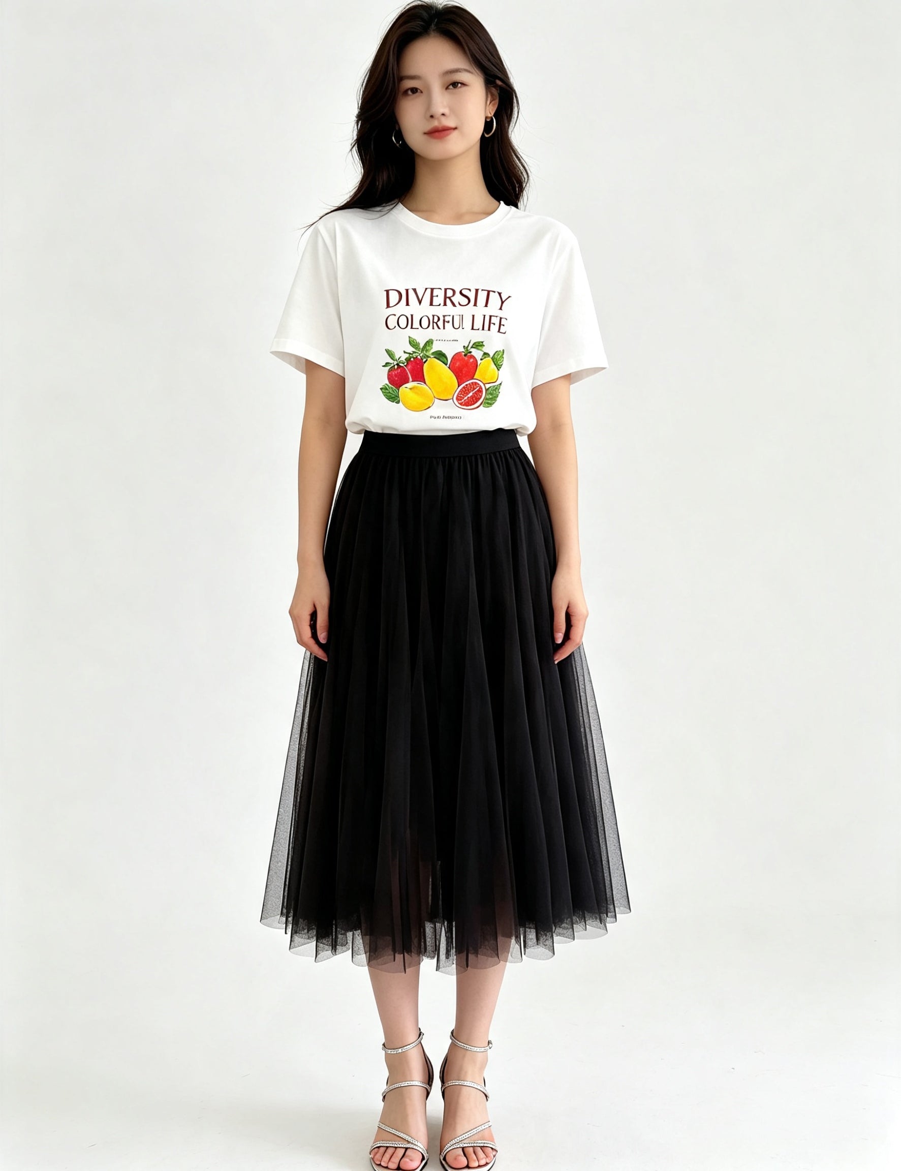 Classic A-Line Mesh Tulle Midi Skirt with Elasticated Waistband