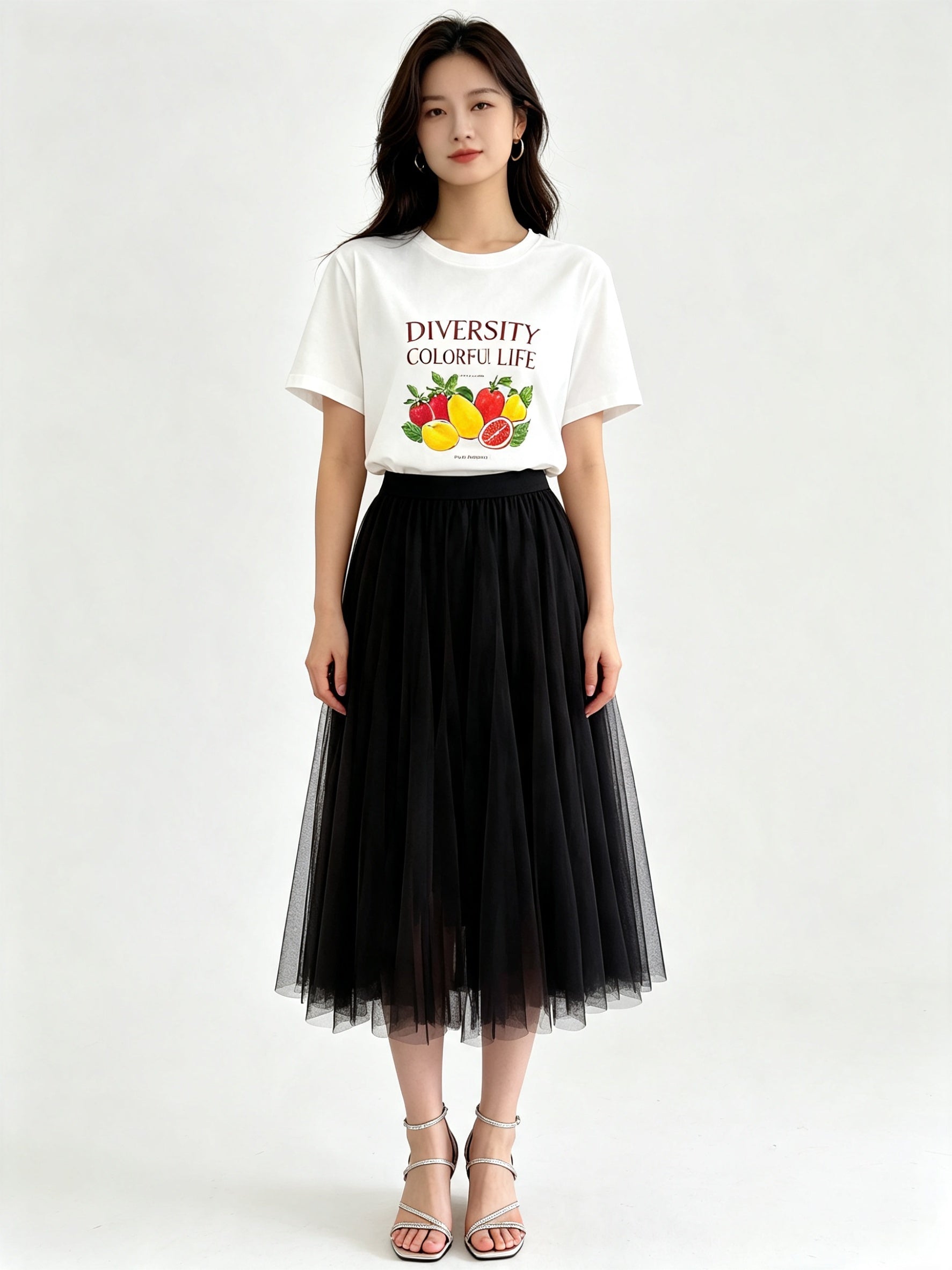 Classic A-Line Mesh Tulle Midi Skirt with Elasticated Waistband
