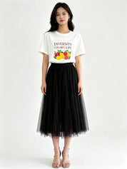 Classic A-Line Mesh Tulle Midi Skirt with Elasticated Waistband