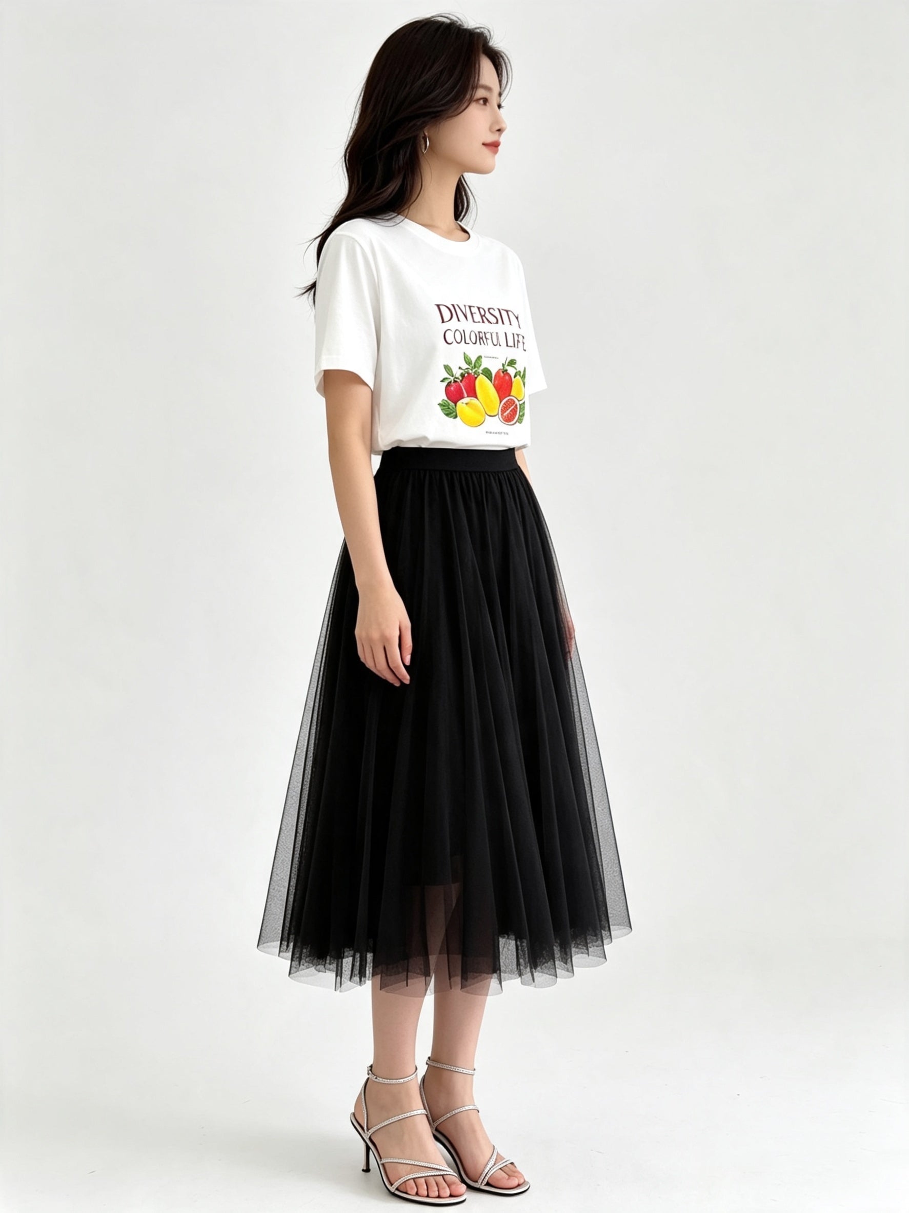 Classic A-Line Mesh Tulle Midi Skirt with Elasticated Waistband