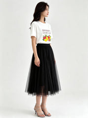 Classic A-Line Mesh Tulle Midi Skirt with Elasticated Waistband
