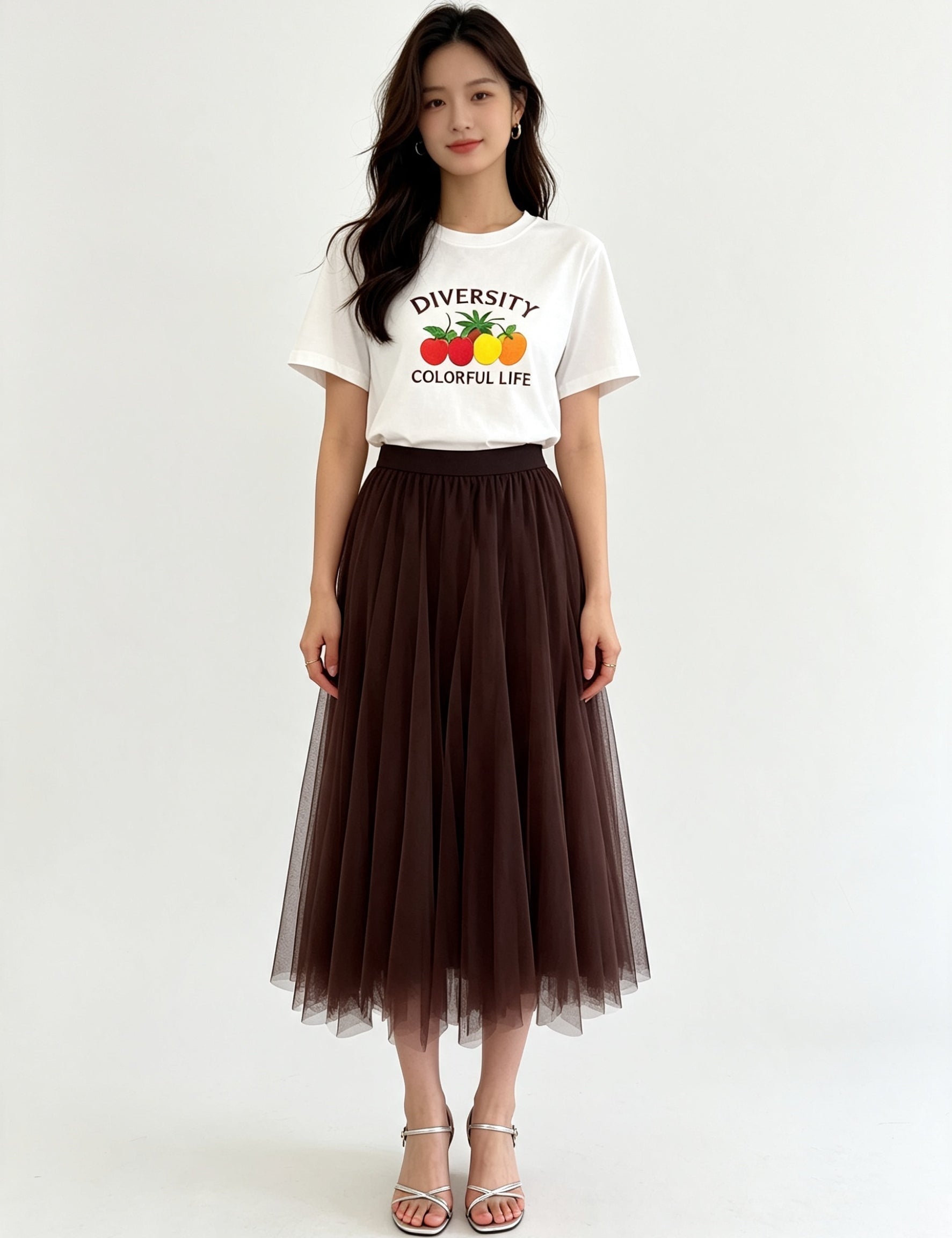 Classic A-Line Mesh Tulle Midi Skirt with Elasticated Waistband