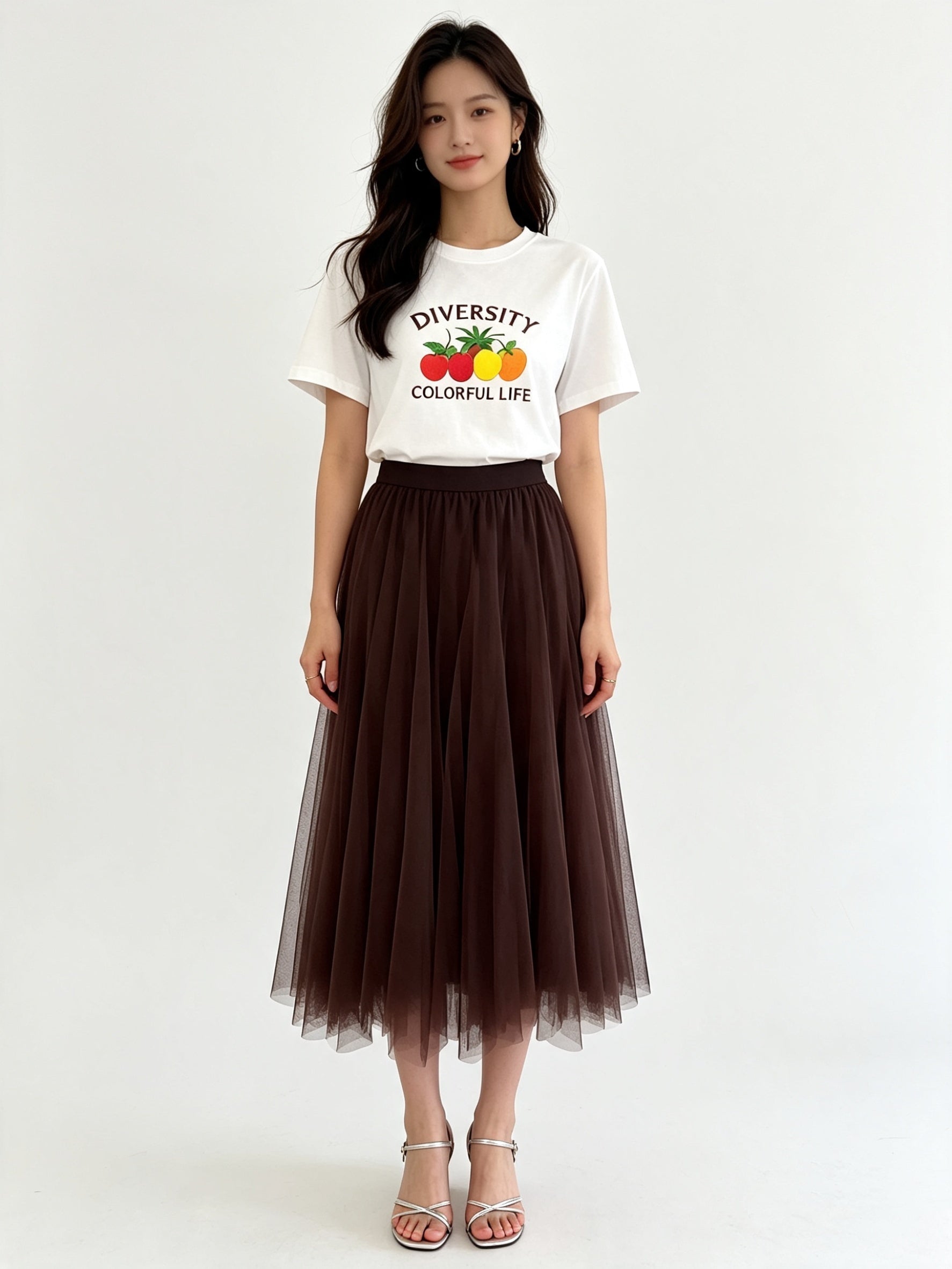 Classic A-Line Mesh Tulle Midi Skirt with Elasticated Waistband