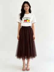 Classic A-Line Mesh Tulle Midi Skirt with Elasticated Waistband