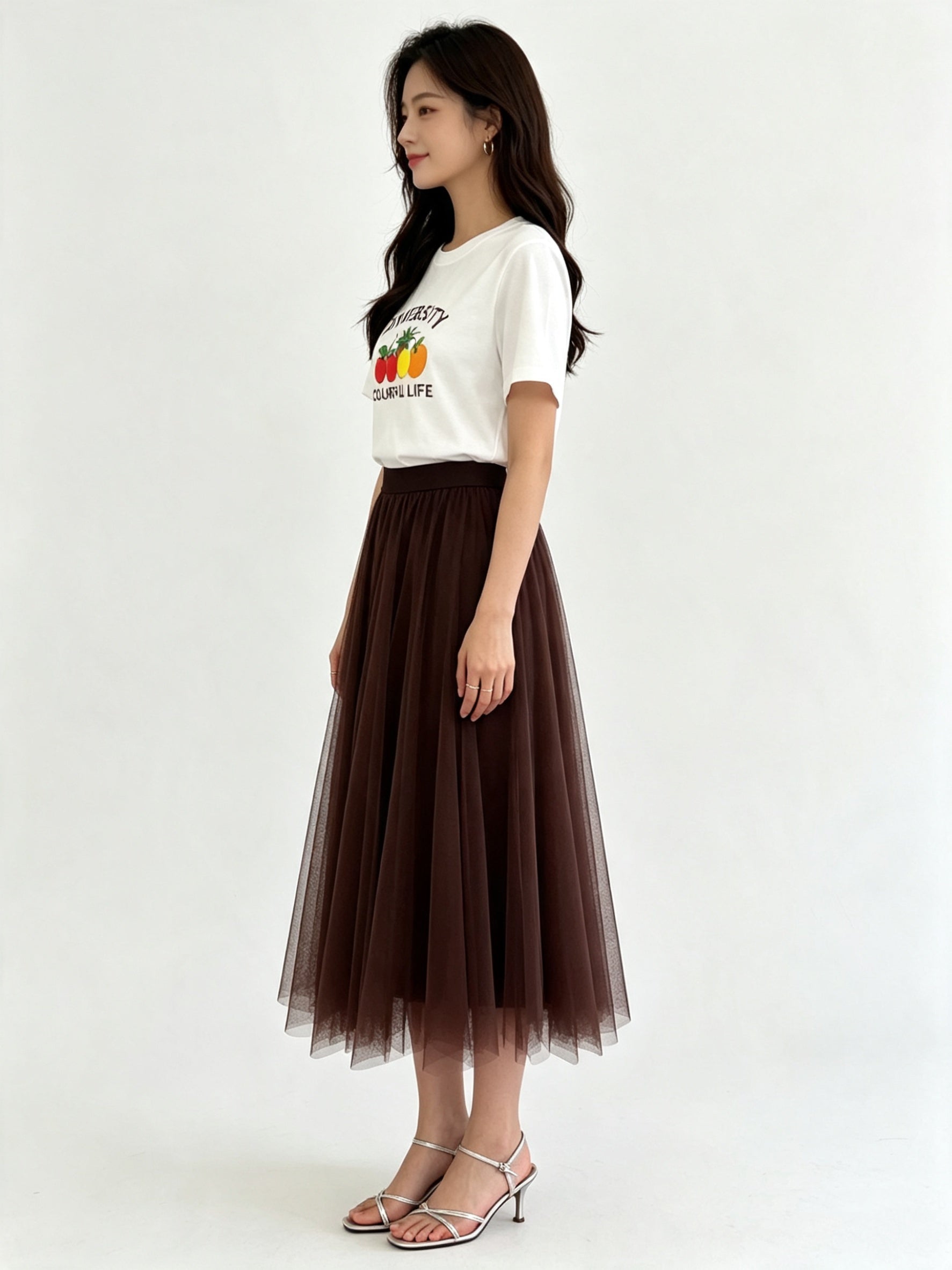 Classic A-Line Mesh Tulle Midi Skirt with Elasticated Waistband