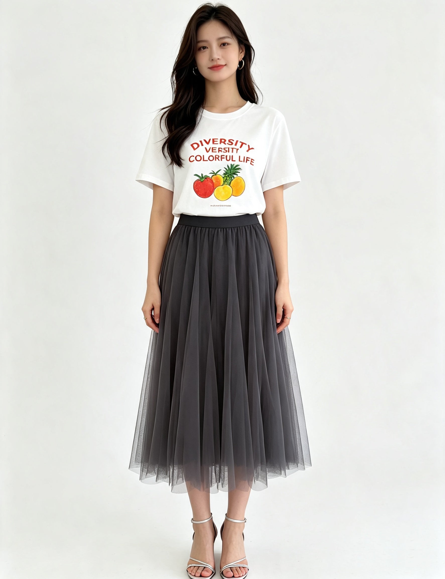 Classic A-Line Mesh Tulle Midi Skirt with Elasticated Waistband