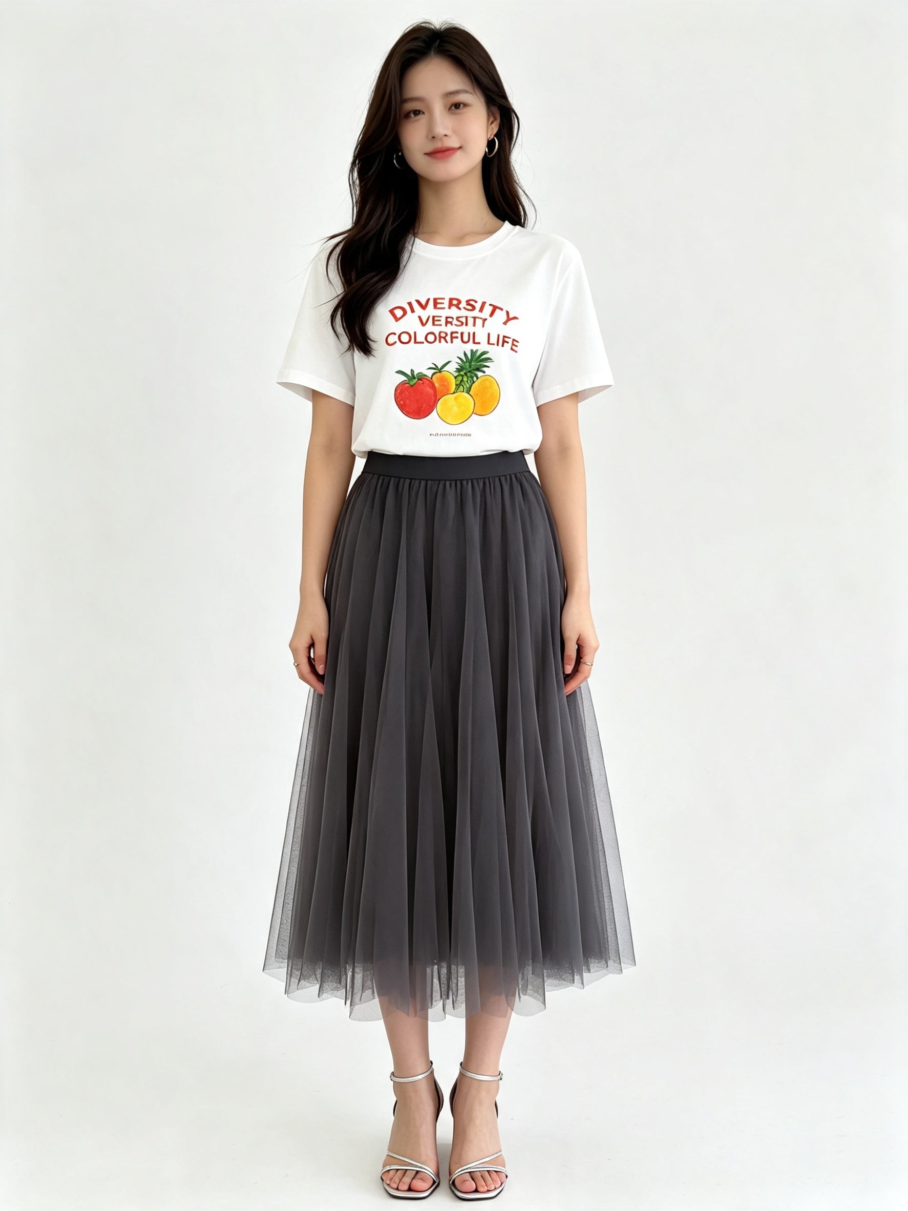 Classic A-Line Mesh Tulle Midi Skirt with Elasticated Waistband
