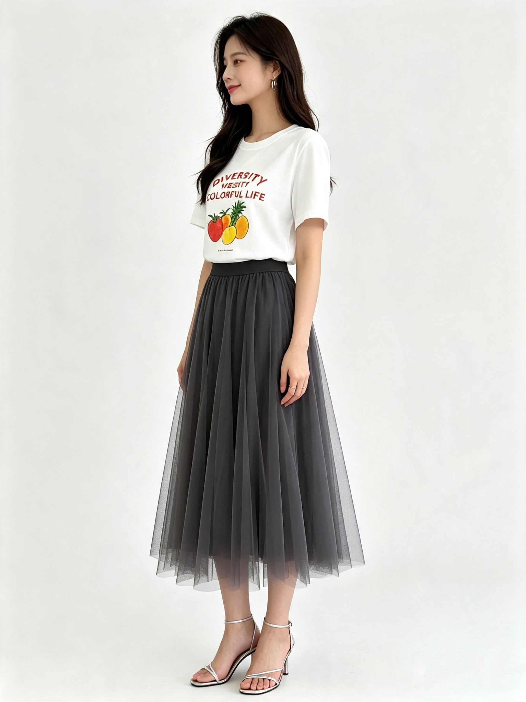 Classic A-Line Mesh Tulle Midi Skirt with Elasticated Waistband