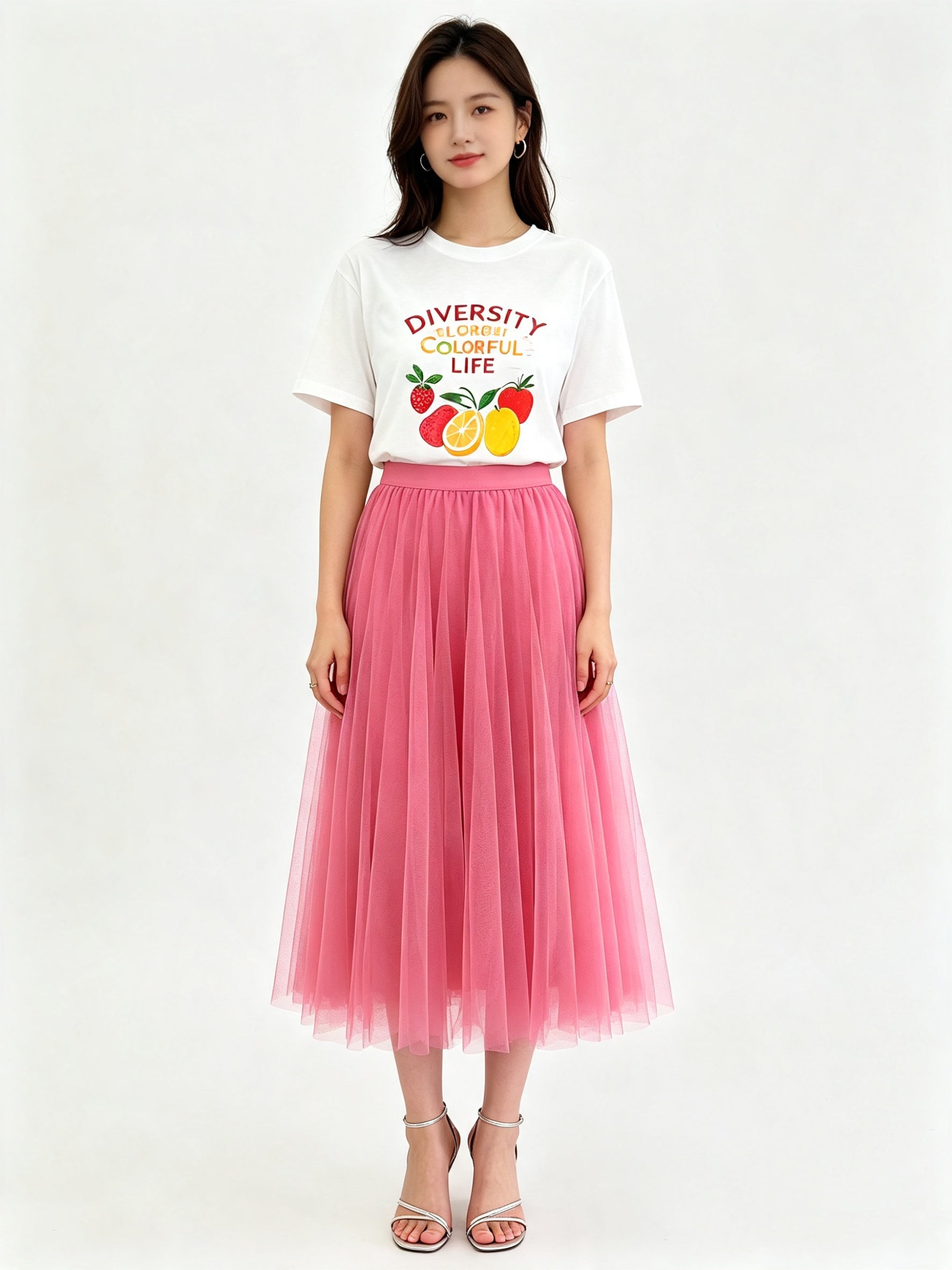 Classic A-Line Mesh Tulle Midi Skirt with Elasticated Waistband
