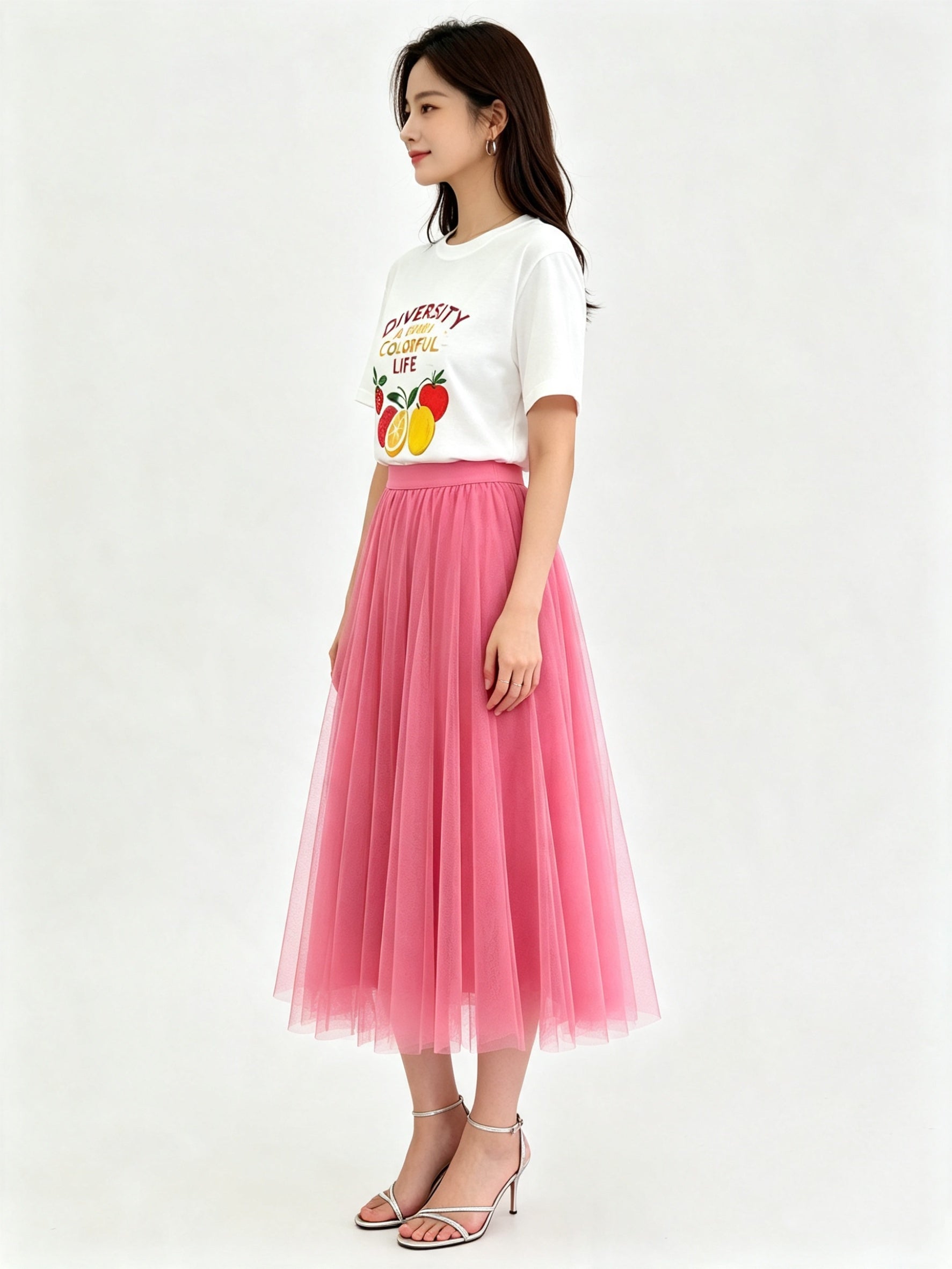 Classic A-Line Mesh Tulle Midi Skirt with Elasticated Waistband