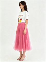 Classic A-Line Mesh Tulle Midi Skirt with Elasticated Waistband