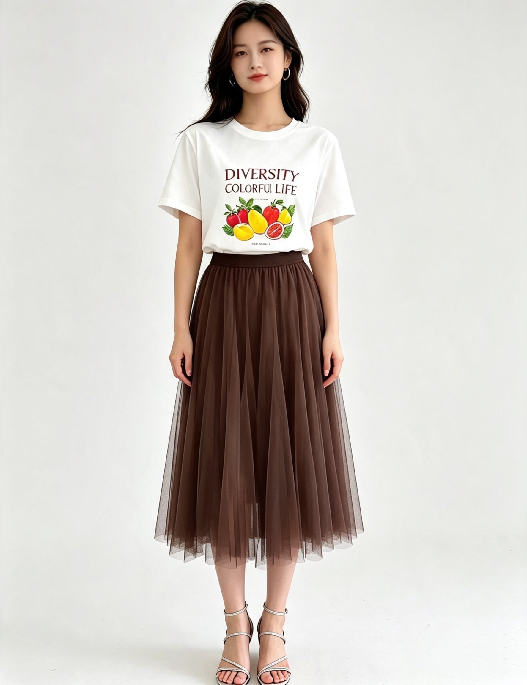 Classic A-Line Mesh Tulle Midi Skirt with Elasticated Waistband