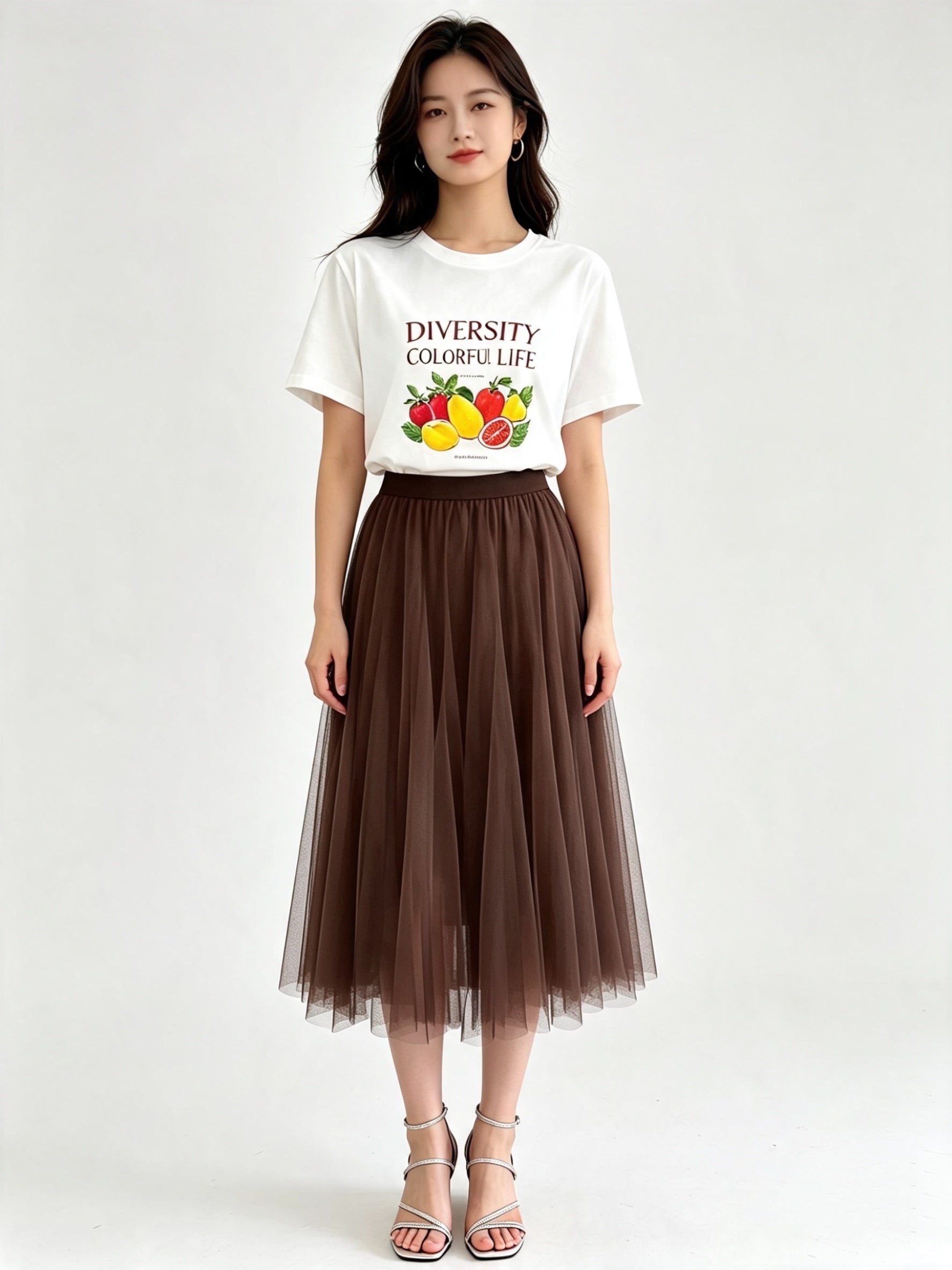 Classic A-Line Mesh Tulle Midi Skirt with Elasticated Waistband