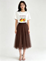 Classic A-Line Mesh Tulle Midi Skirt with Elasticated Waistband