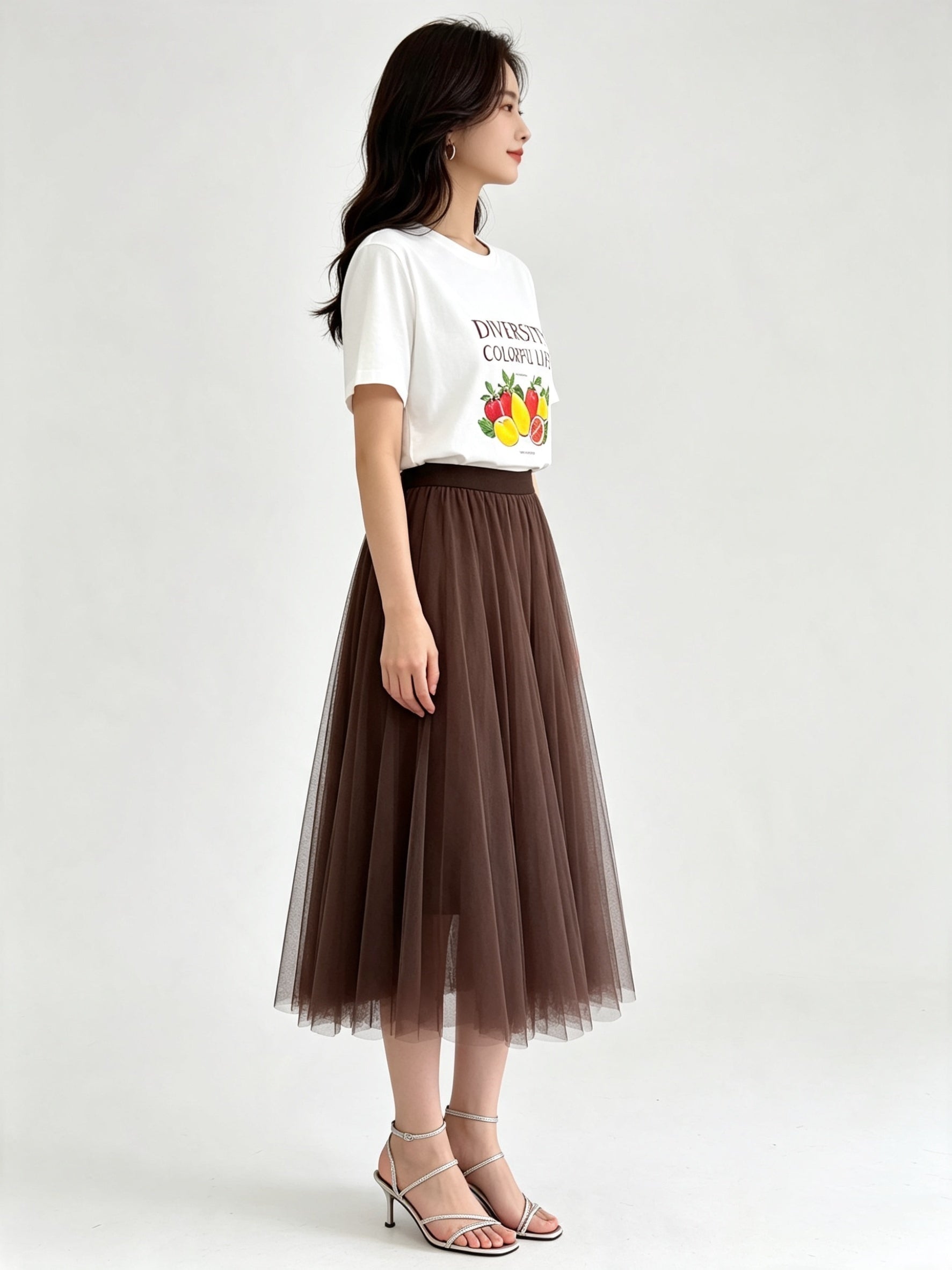Classic A-Line Mesh Tulle Midi Skirt with Elasticated Waistband