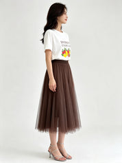 Classic A-Line Mesh Tulle Midi Skirt with Elasticated Waistband