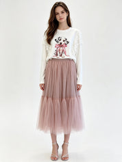 Plain Layered Tulle Midi Skirt with Elasticated Waistband