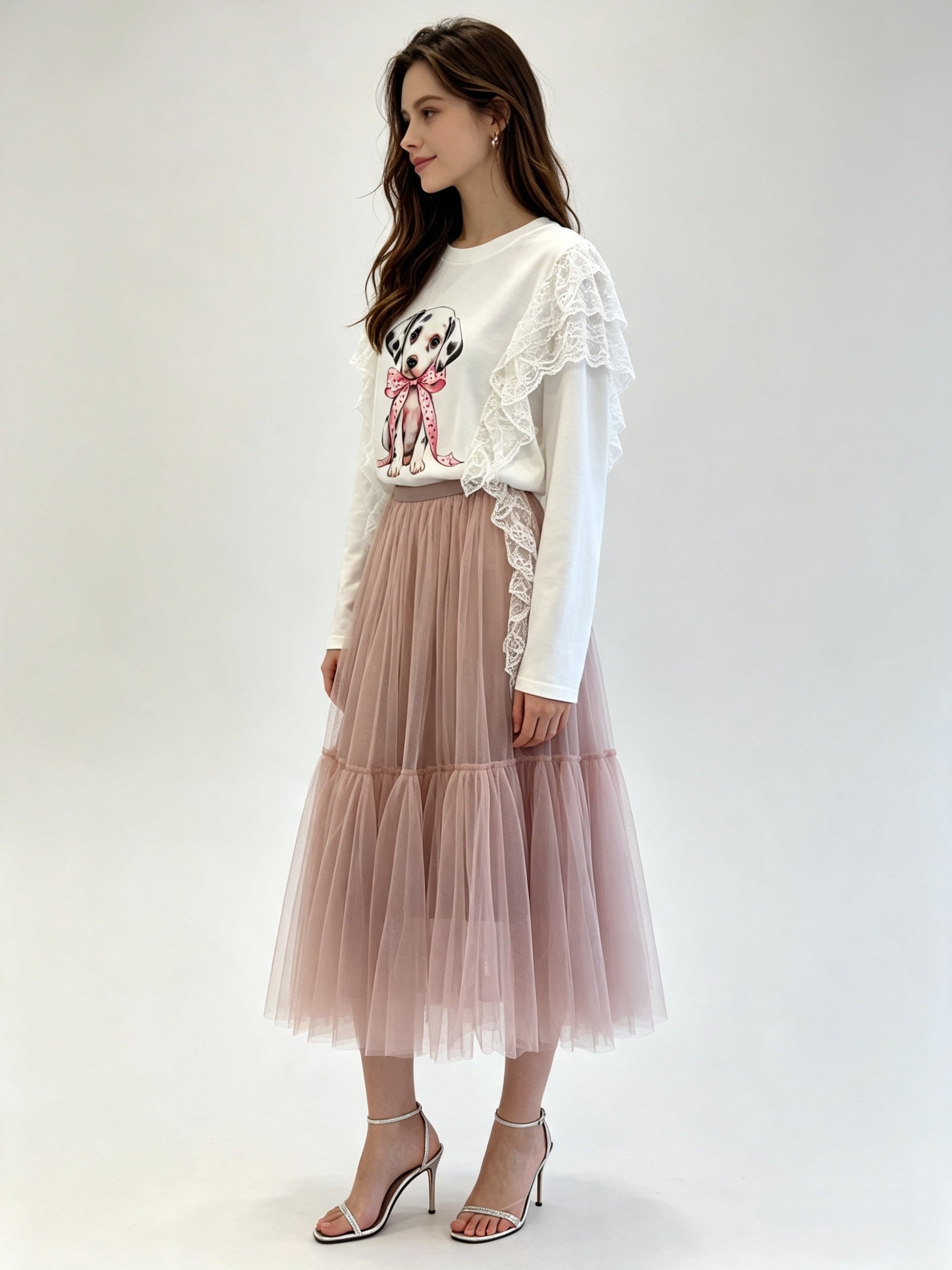 Plain Layered Tulle Midi Skirt with Elasticated Waistband