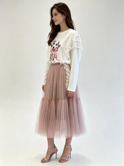 Plain Layered Tulle Midi Skirt with Elasticated Waistband