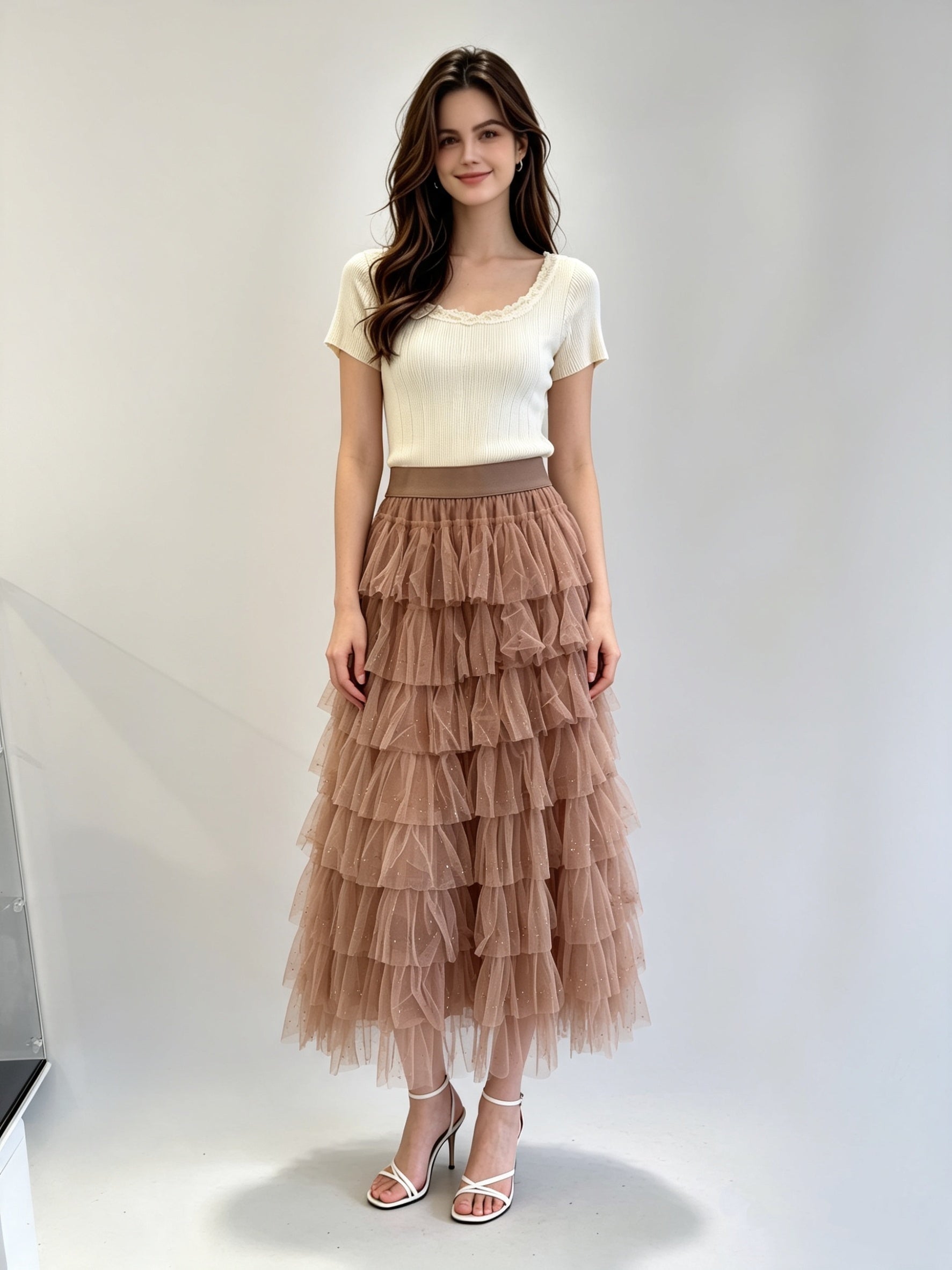 Multi-Tiered Sparkle Tulle Midi Skirt with Elasticated Waistband