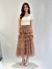 Multi-Tiered Sparkle Tulle Midi Skirt with Elasticated Waistband