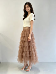 Multi-Tiered Sparkle Tulle Midi Skirt with Elasticated Waistband