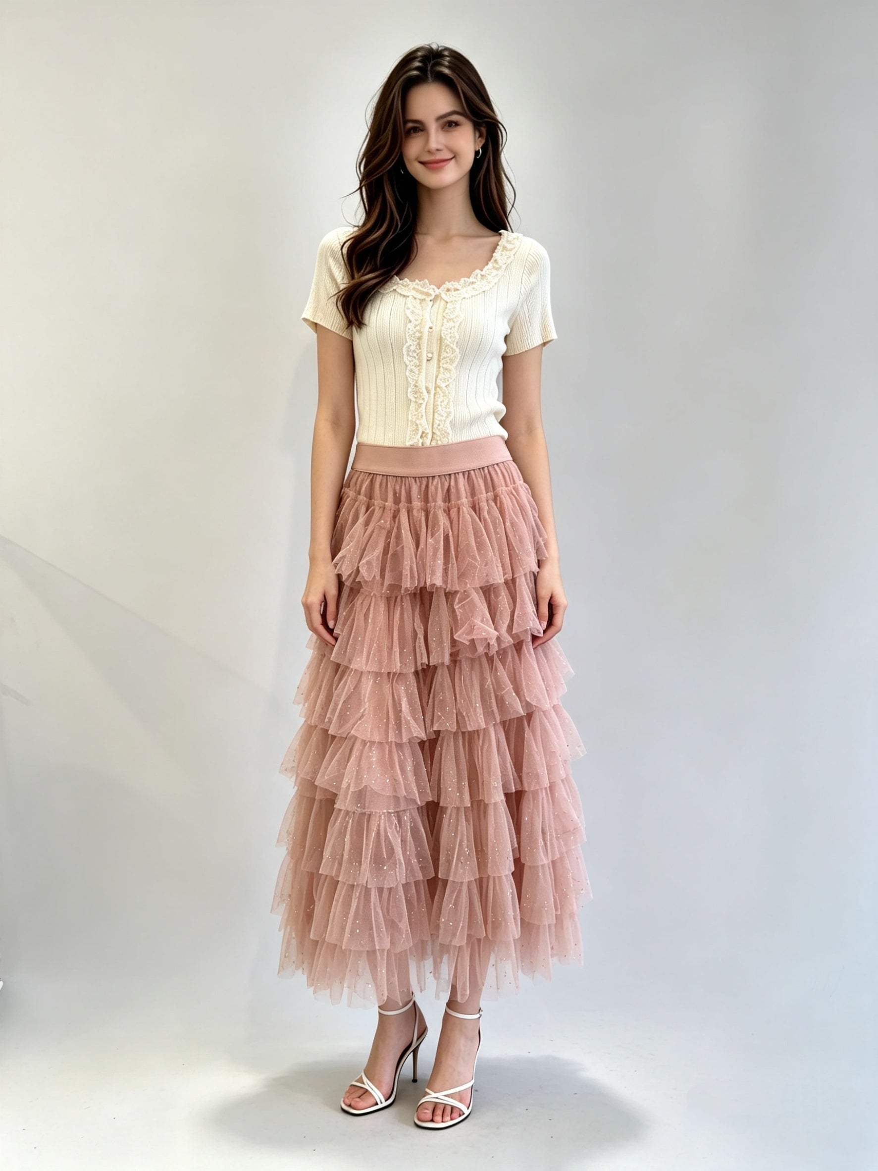 Multi-Tiered Sparkle Tulle Midi Skirt with Elasticated Waistband