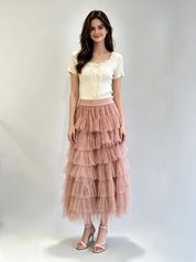 Multi-Tiered Sparkle Tulle Midi Skirt with Elasticated Waistband