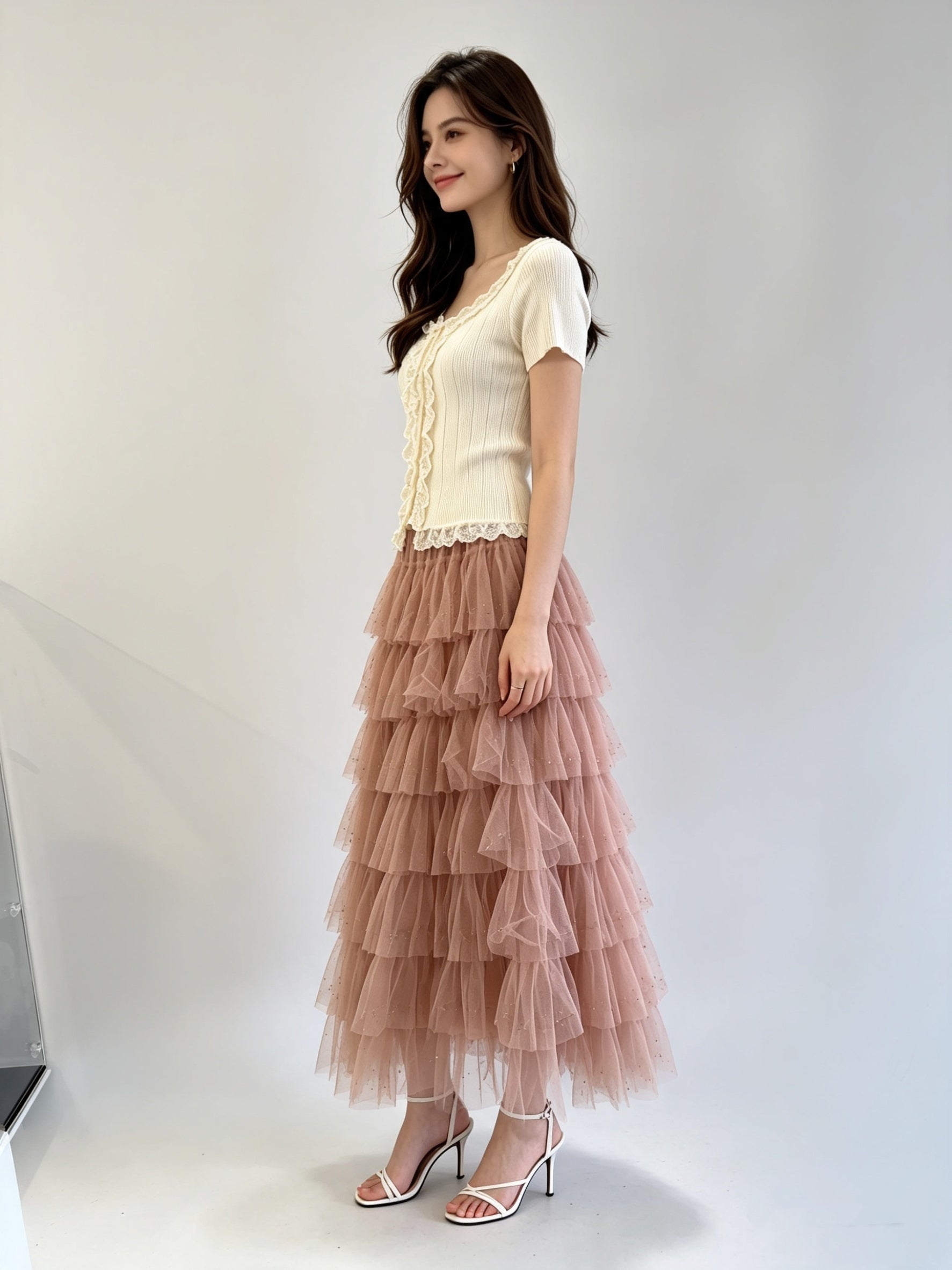 Multi-Tiered Sparkle Tulle Midi Skirt with Elasticated Waistband