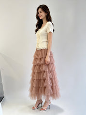 Multi-Tiered Sparkle Tulle Midi Skirt with Elasticated Waistband