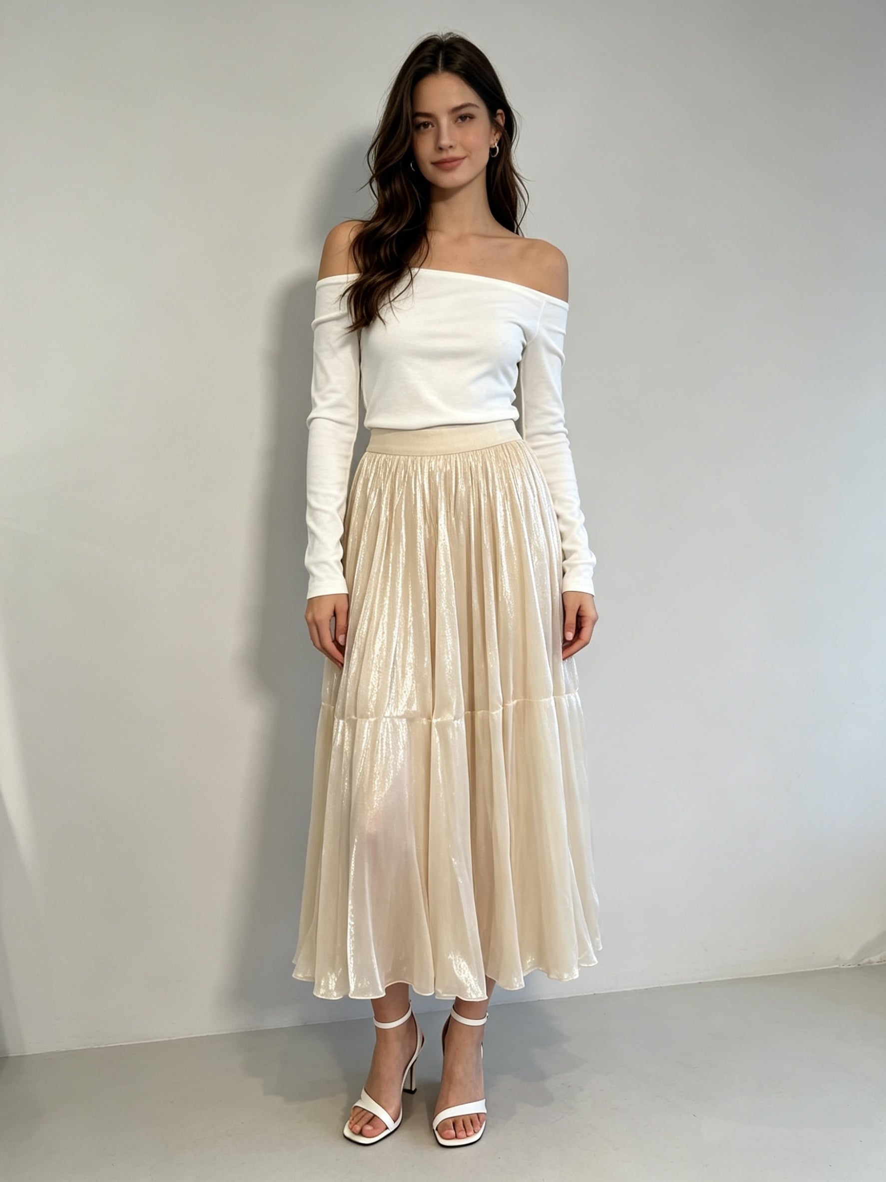 Pleated Shimmer Tulle Midi Skirt with Elasticated Waistband