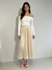 Pleated Shimmer Tulle Midi Skirt with Elasticated Waistband