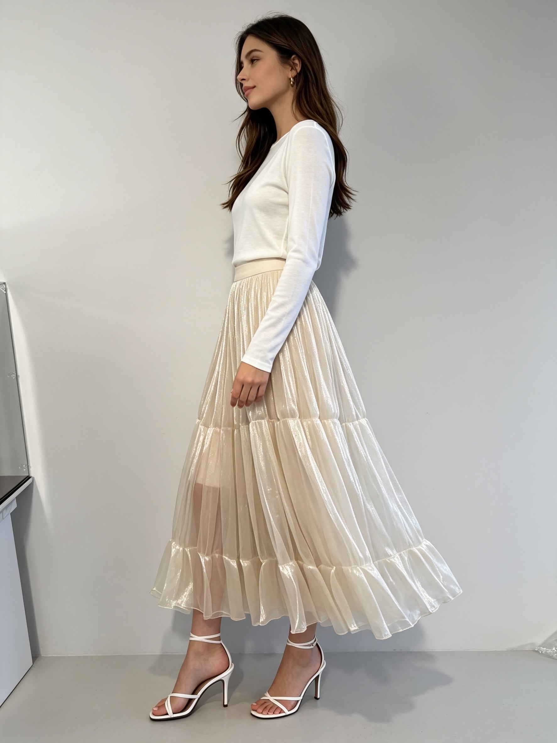 Pleated Shimmer Tulle Midi Skirt with Elasticated Waistband