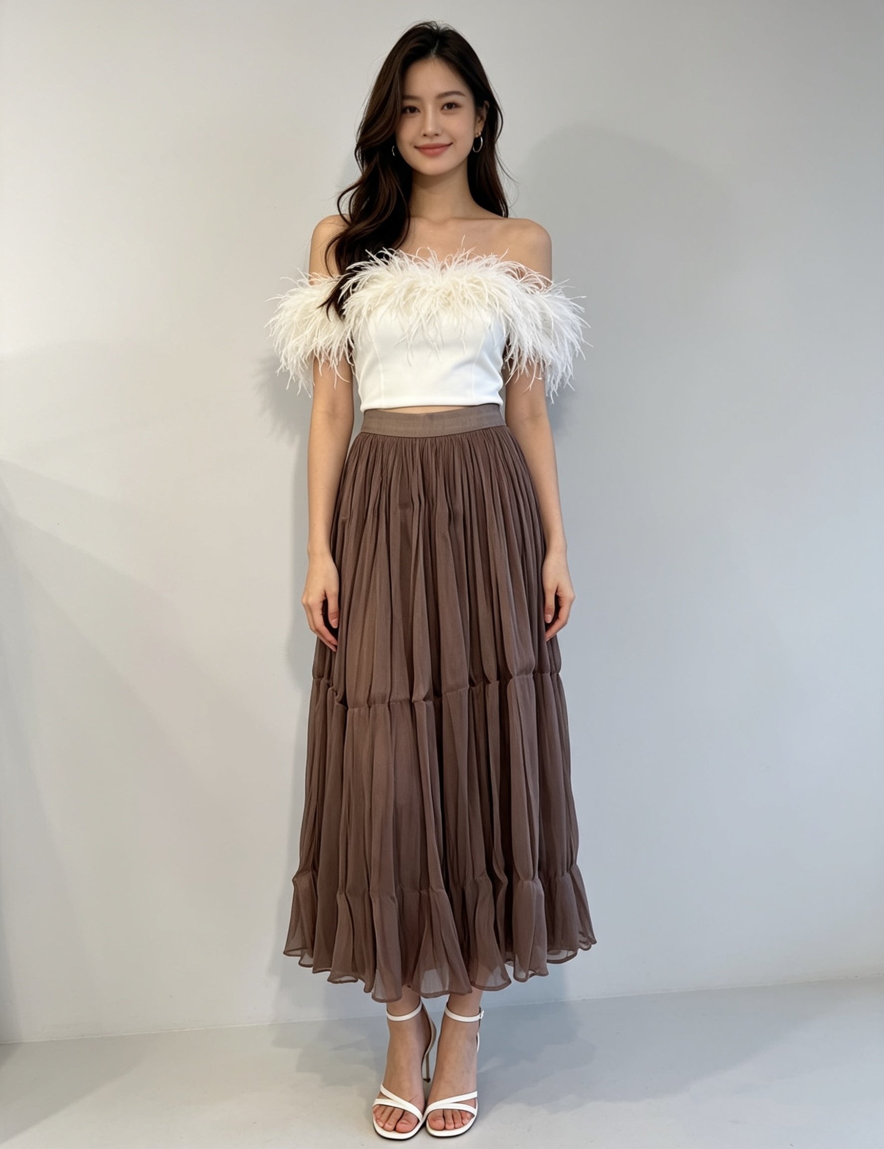 Pleated Shimmer Tulle Midi Skirt with Elasticated Waistband
