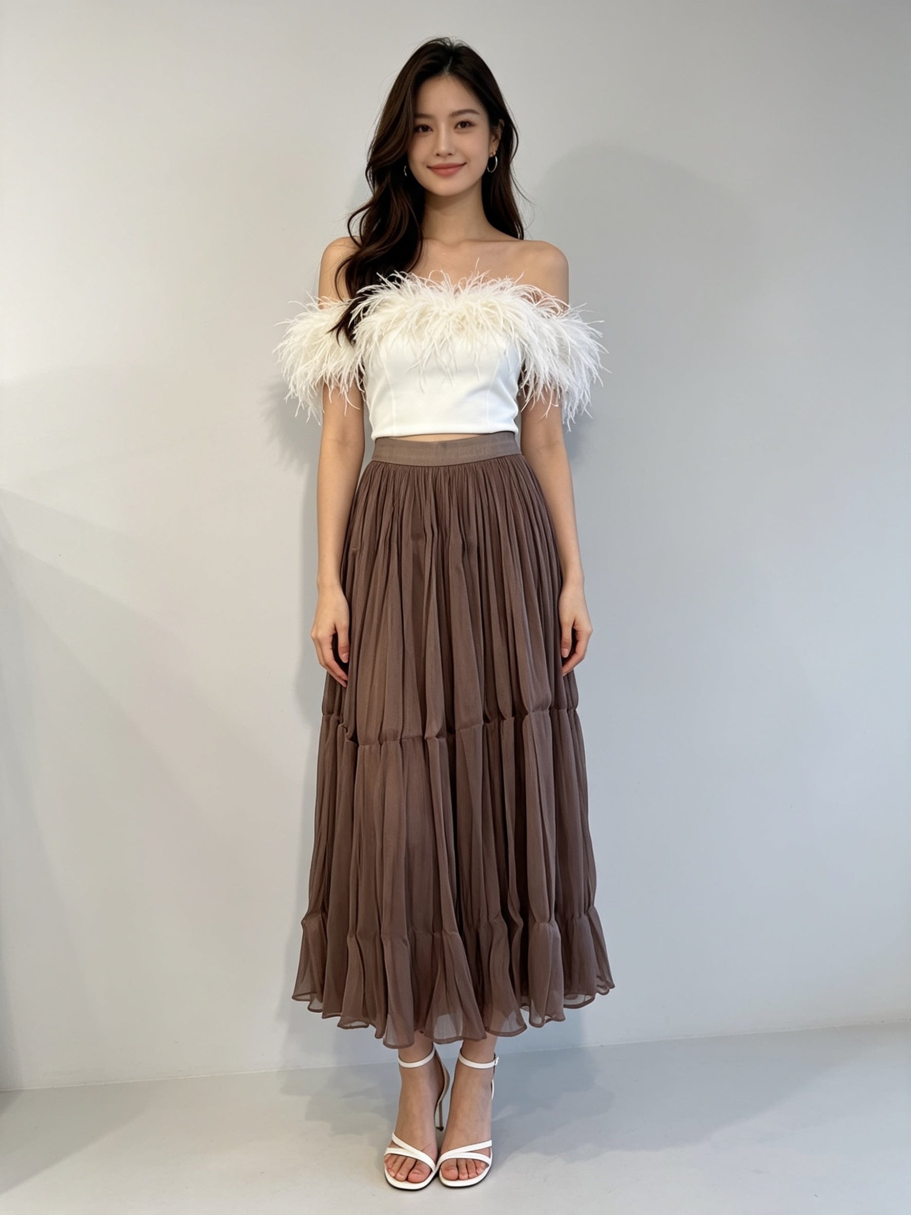 Pleated Shimmer Tulle Midi Skirt with Elasticated Waistband