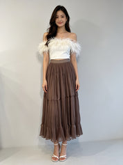 Pleated Shimmer Tulle Midi Skirt with Elasticated Waistband