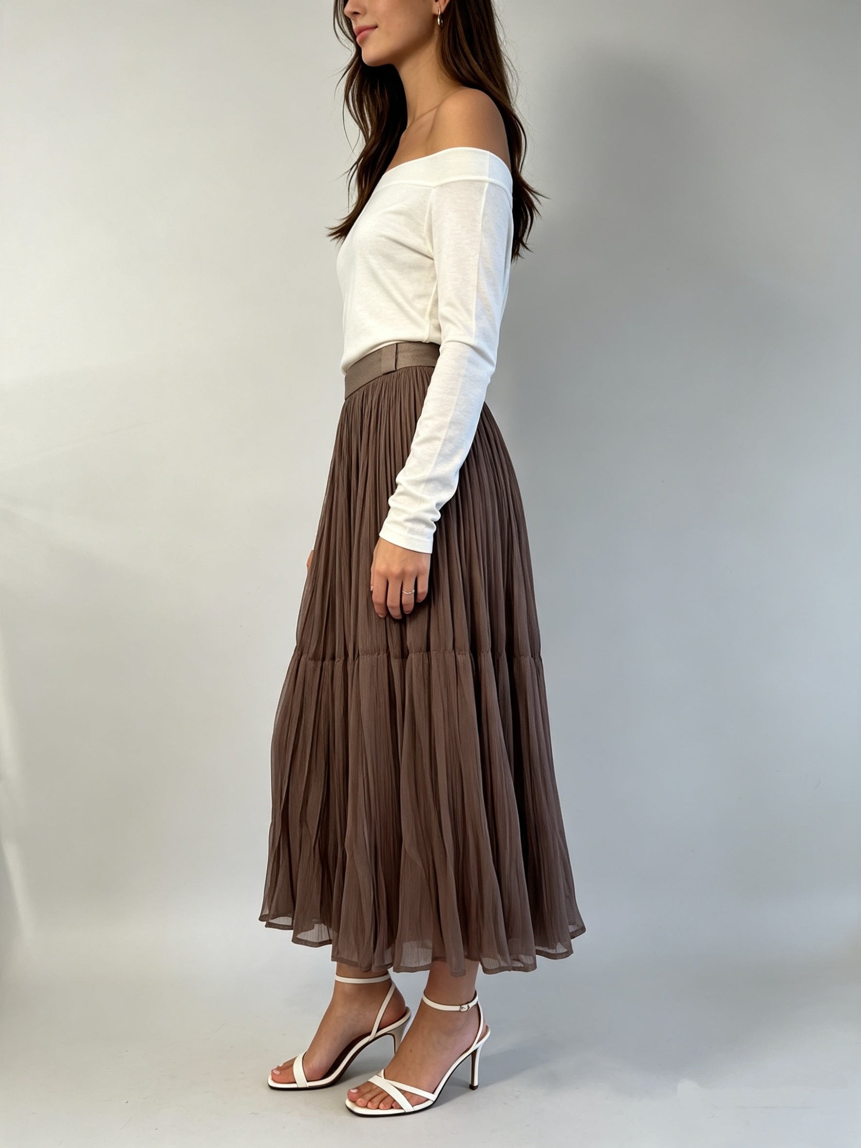 Pleated Shimmer Tulle Midi Skirt with Elasticated Waistband