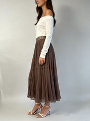 Pleated Shimmer Tulle Midi Skirt with Elasticated Waistband