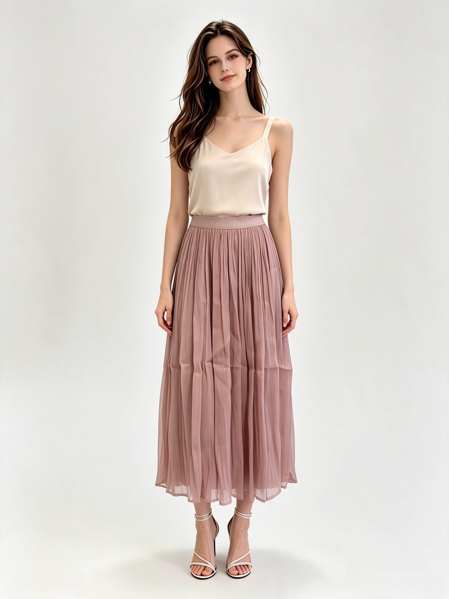 Pleated Shimmer Tulle Midi Skirt with Elasticated Waistband
