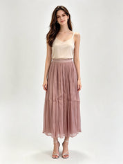 Pleated Shimmer Tulle Midi Skirt with Elasticated Waistband
