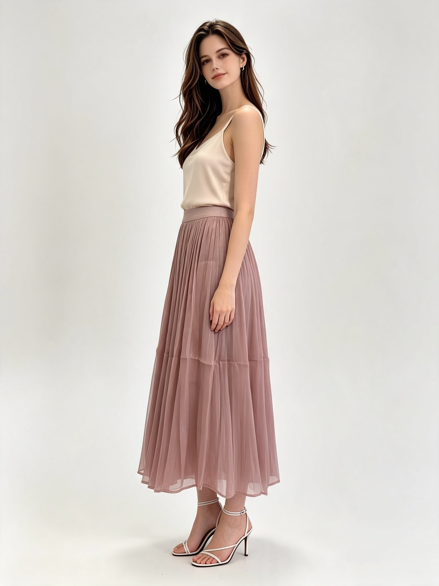 Pleated Shimmer Tulle Midi Skirt with Elasticated Waistband