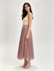 Pleated Shimmer Tulle Midi Skirt with Elasticated Waistband