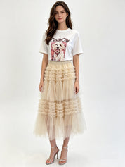 Tiered Ruffle Tulle Midi Skirt