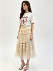 Tiered Ruffle Tulle Midi Skirt