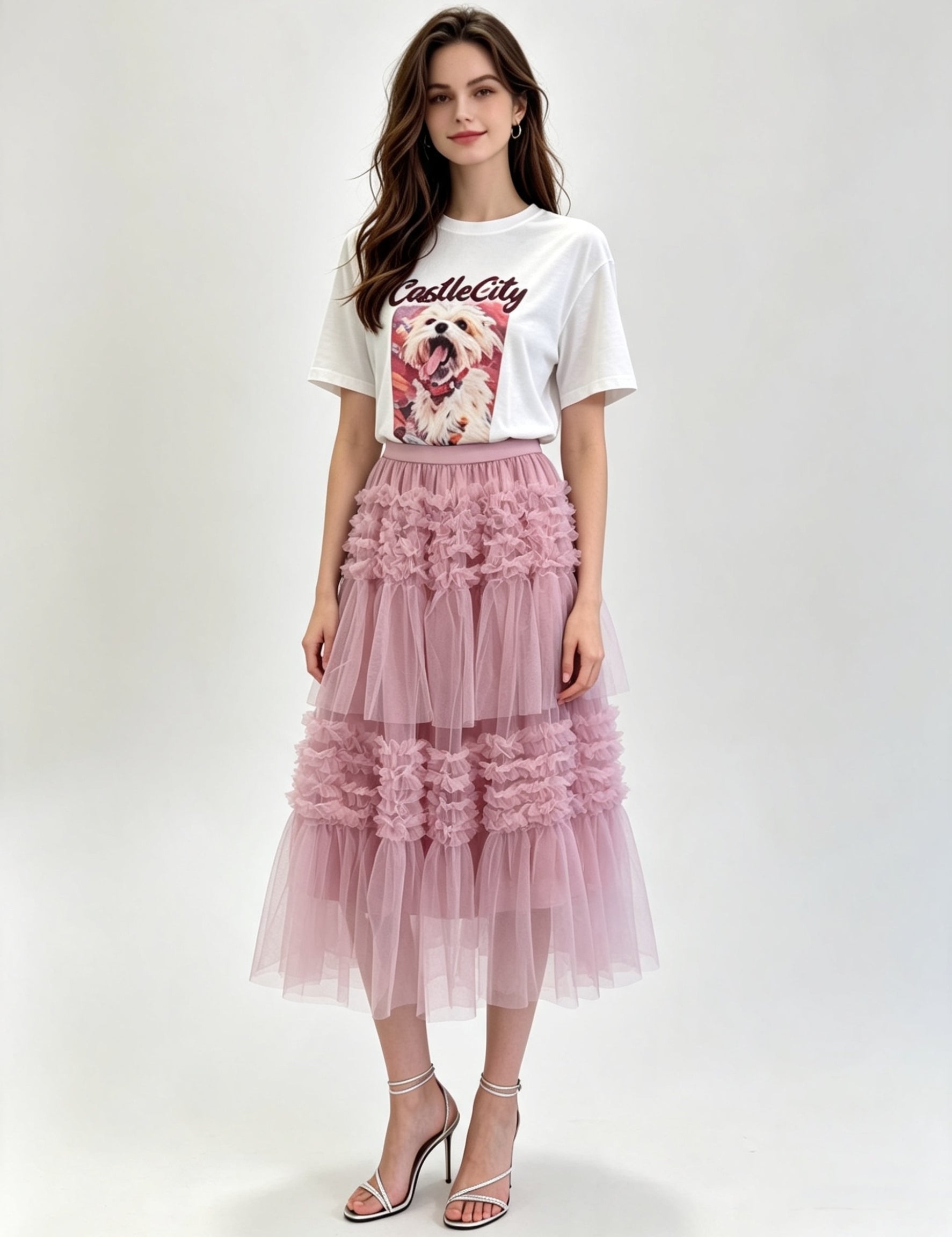 Tiered Ruffle Tulle Midi Skirt