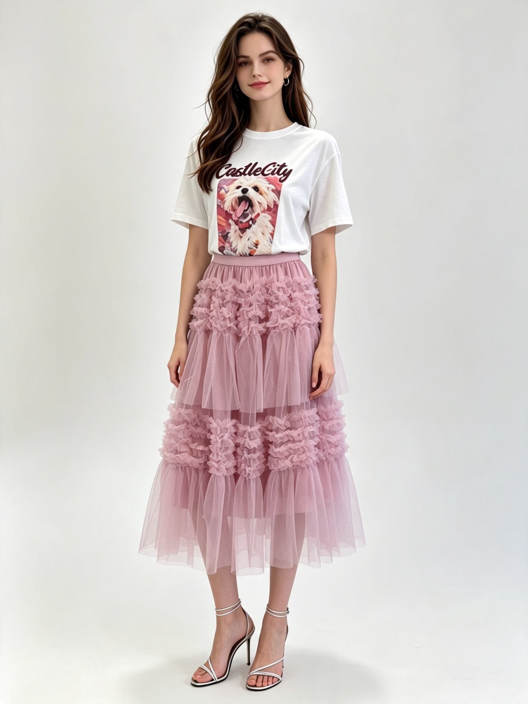 Tiered Ruffle Tulle Midi Skirt