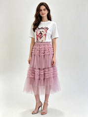 Tiered Ruffle Tulle Midi Skirt